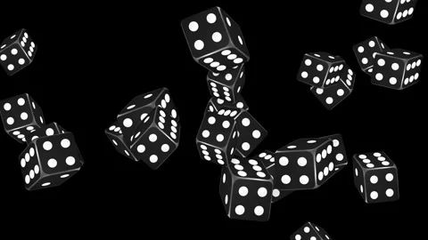 Black Dice Falling and Tumbling Against a Solid Black Background Stock Footage 345707836