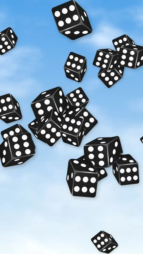 Black Dice Falling Through Blue Sky with White Clouds Stock Footage 344717951