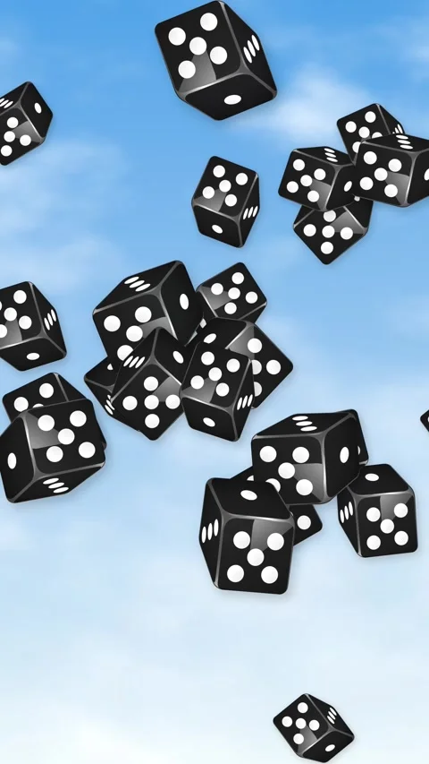 Black Dice Falling Through a Bright Blue Sky with Clouds Stock Footage 344622473