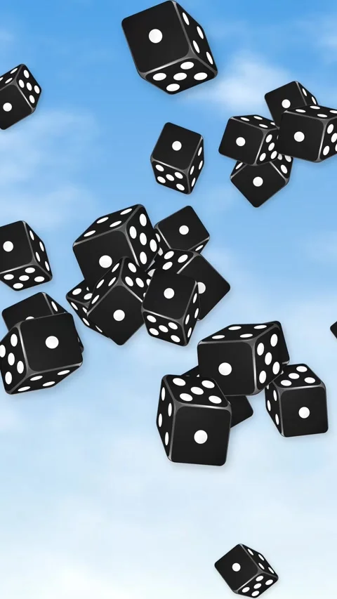 Black Dice Falling Through a Bright Blue Sky with Clouds Stock Footage 344832179