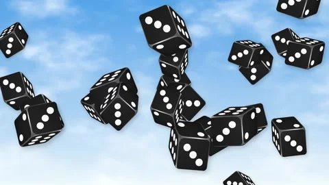 Black Dice Falling Through a Bright Blue Sky with Clouds Stock Footage 345041366
