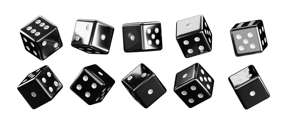 Black dice isolated 3d render icons set. Realistic casino game cubes, poker Stock Illustration