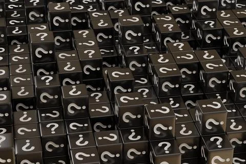 Black dice with question marks background. 3d illustration. 库存插图