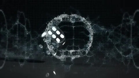 Black die appearing above reflective surface, tumbling through wireframe brain Stock Footage 323454952