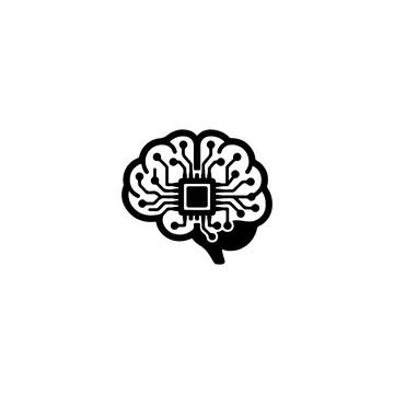 Black digital brain icon with circuit board lines and chip 스톡 일러스트
