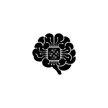 Black digital brain icon with circuit board lines for technology Stock Illustration