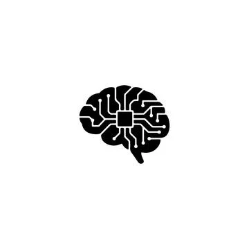 Black digital brain icon with circuit board lines for technology Stock Illustration