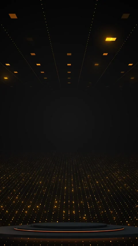 Black digital event stage background golden dot floor, small ceiling panels, sof Stock Footage 340478538