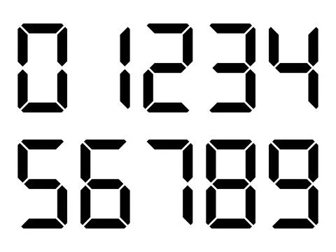 Black digital numbers. Seven-segment display. Illustrazione stock