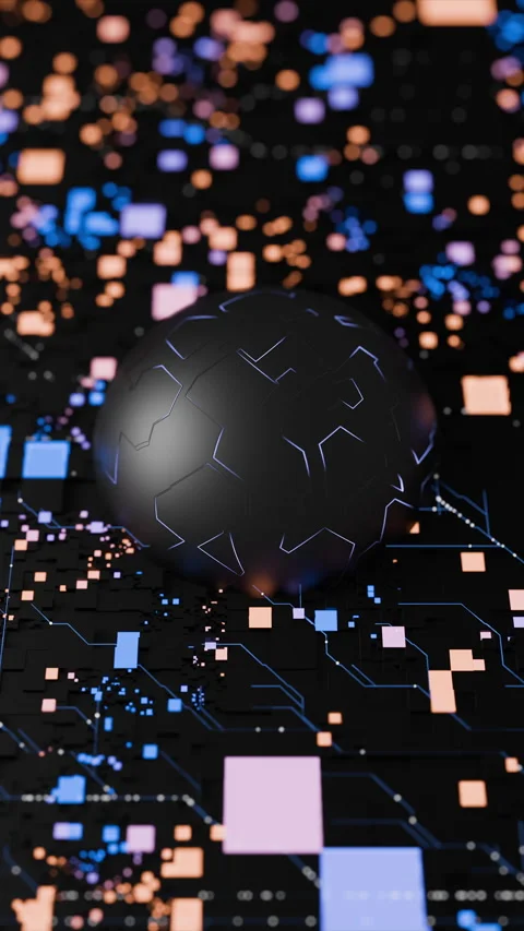 Black digital sphere moves across colorful circuit board grid pattern at night Stock Footage 323326323