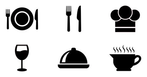 Black of dining plate fork knife chef hat wine glass serving dish and steam Stock Illustration