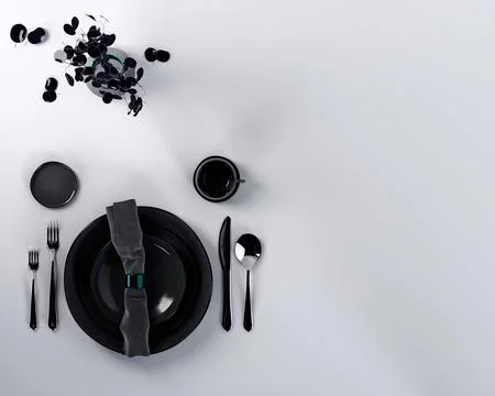 Black dinnerware set with black flowers 3d render Stock Illustration