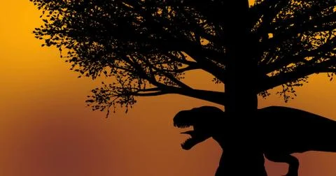 Black dinosaur roaring under a dark tree during sunset sunrise time Stock Illustration