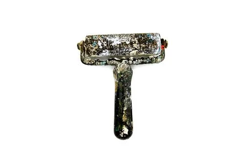 Black dirty paint roller be stained color isolated on white background. Stock Photos