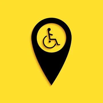 Black Disabled Handicap in map pointer icon isolated on yellow background Stock Illustration