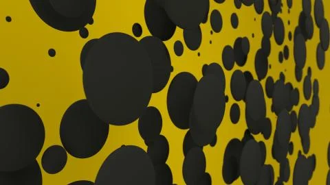 Black discs of random size on yellow background Stock Illustration