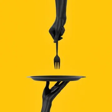 Black Dish and fork holding hands isolated on yellow, abstract food restauran Stock Illustration