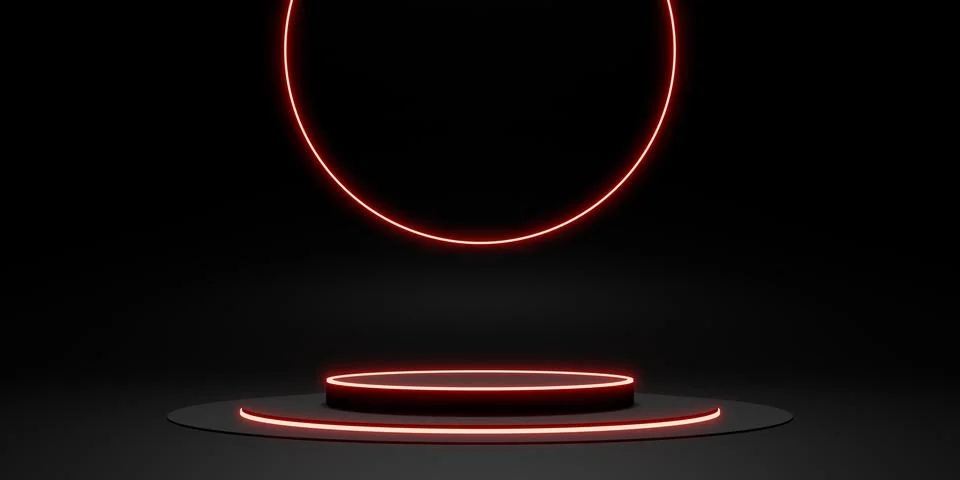 Black display stand laser ring and neon light glow 3d illustration Stock Illustration