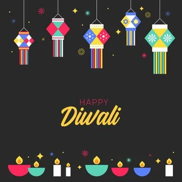 .Black Diwali square banner with lantern row and diya lamps Stock Illustration