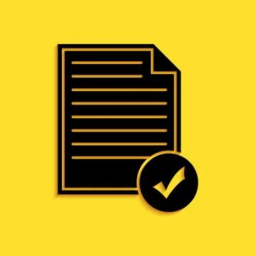 Black Document and check mark icon isolated on yellow background. Checklist icon 스톡 일러스트