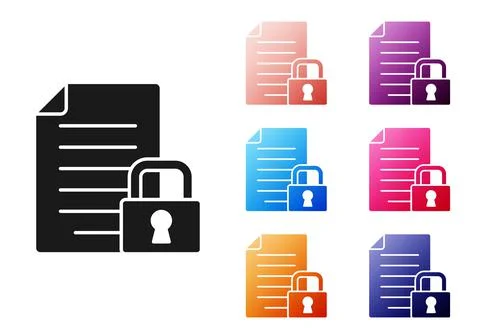 Black Document and lock icon isolated on white background. File format and Illustrazione stock
