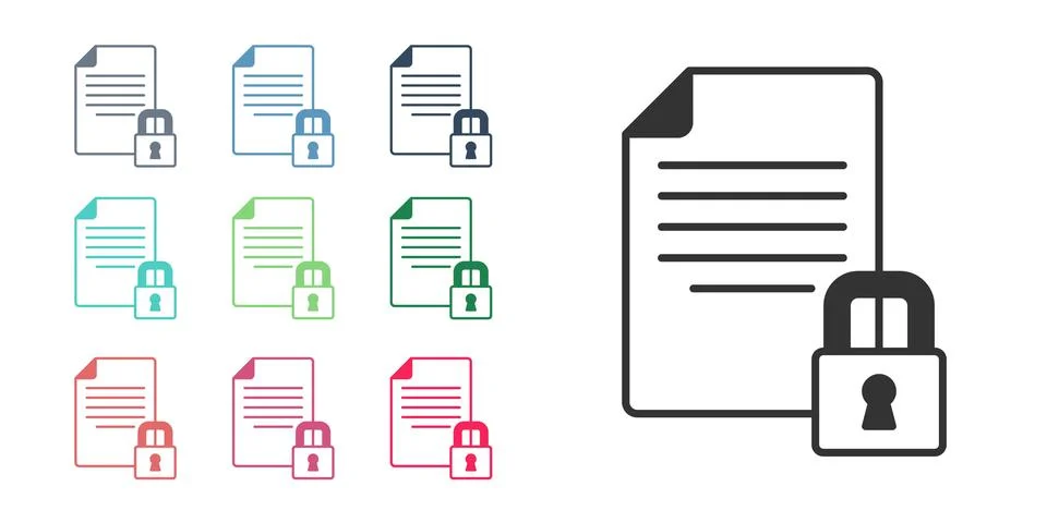 Black Document and lock icon isolated on white background. File format and Illustrazione stock