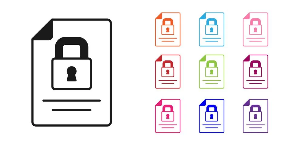 Black Document and lock icon isolated on white background. File format and Illustrazione stock