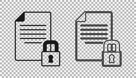 Black Document and lock icon isolated on transparent background. File format and Illustrazione stock
