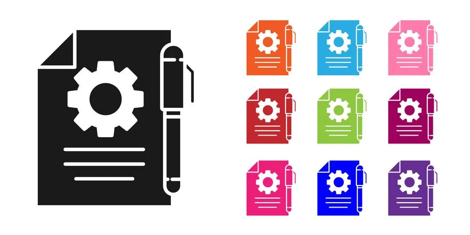Black Document settings with gears icon isolated on white background. Software Stock Illustration
