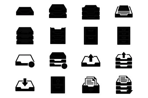 Black Document Tray Icons Set for Office Organization and Paper Management Stock Illustration