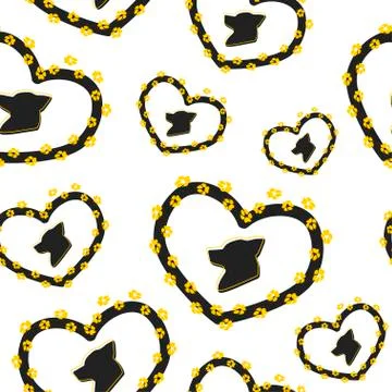 Black Dog icon seamless pattern on white background. Silhouette dog in heart Stock Illustration