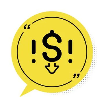 Black Dollar rate decrease icon isolated on white background. Cost reduction Illustrazione stock