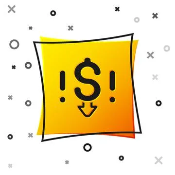 Black Dollar rate decrease icon isolated on white background. Cost reductio.. Illustrazione stock