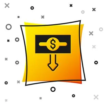 Black Dollar rate decrease icon isolated on white background. Cost reductio.. Illustrazione stock