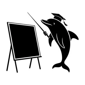 Black dolphin in graduation cap holding pointer to blackboard Stock Illustration