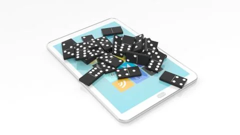Black domino tiles randomly piled on tablet screen, isolated on white Stock Illustration