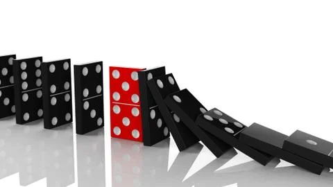 Black domino tiles in a row about to fall with red one standing on the way, o Stock Photos