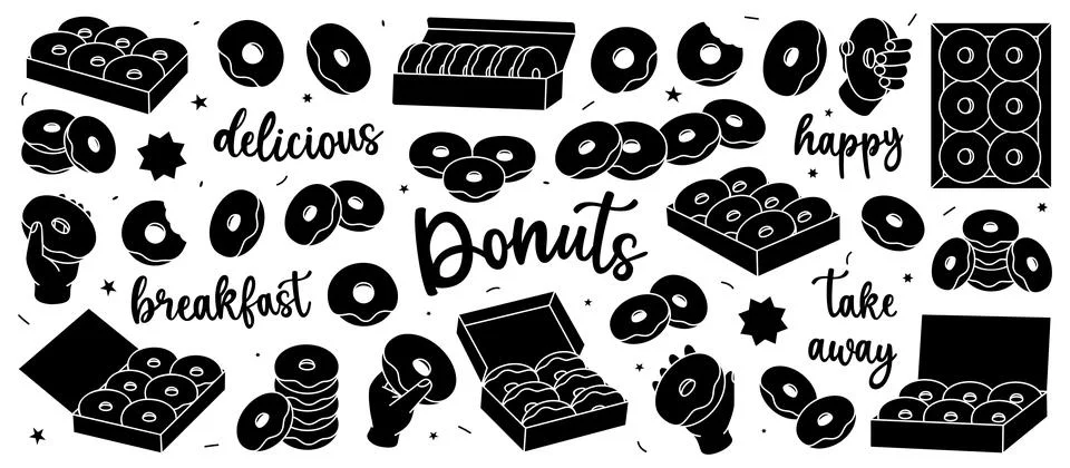 Black donuts set. Glazed doughnuts with sprinkles. Bakery sweet pastry food Stock Illustration