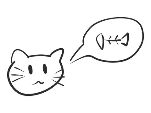 Black doodle hand drawing in cat thinking about fish bone shape on white back Stock Illustration