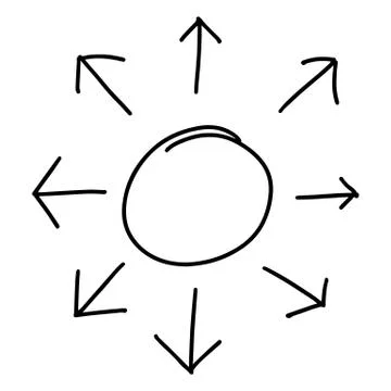 Black doodle handdrawing in arrow spread forward  from circle shape on white  Illustrazione stock
