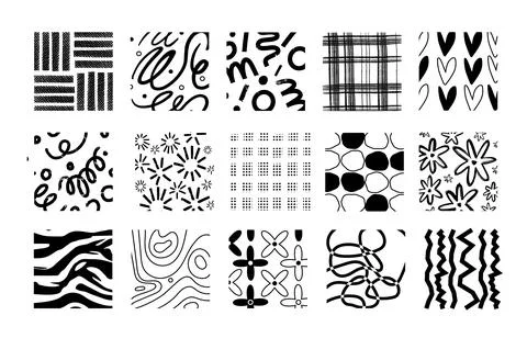 Black doodle textures. Hand drawn patterns, abstract contemporary shapes Stock Illustration