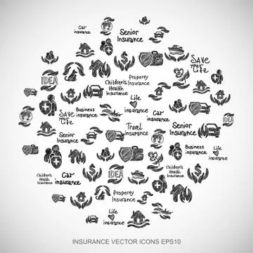 Black doodles flat Hand Drawn Insurance Icons set In A Circle on White backgr Illustrazione stock