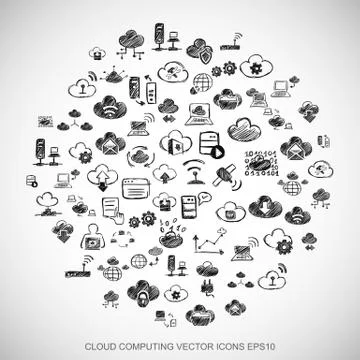 Black doodles Hand Drawn Cloud Technology Icons set on White. EPS10 vector Stock Illustration