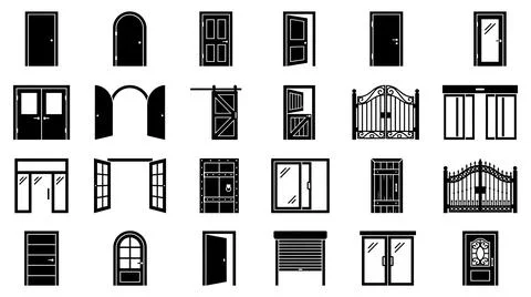 Black door and gate icon set for modern architectural design projects Stock Illustration