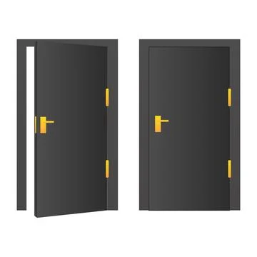 Black door. Open and close door isolated on white background. entrance to b.. Stock Illustration