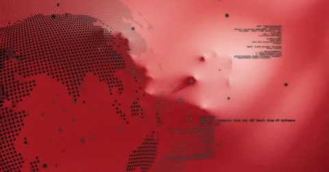 Black dot matrix globe hovering in red digital gradient, with code blocks, data 스톡 사진