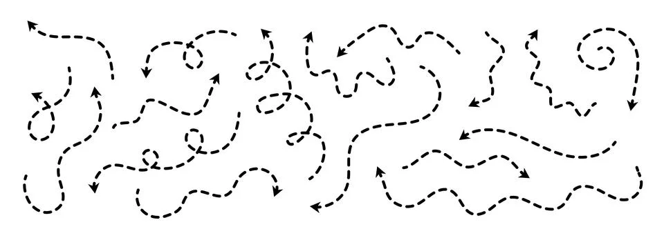 Black dotted thin arrows set. Wavy and curved dashed pointers collection. Wiggly Stock Illustration