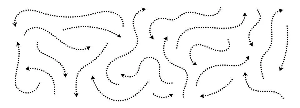 Black dotted thin arrows set. Wavy and curved dashed arrow collection. Wiggly Stock Illustration