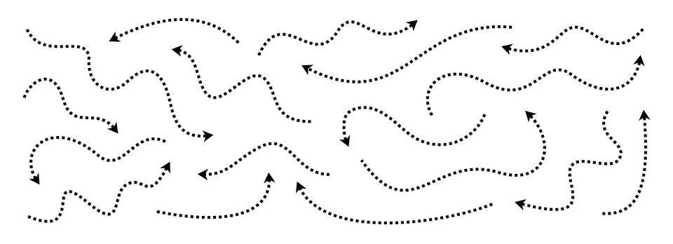 Black dotted thin arrows set. Wavy and curved dashed arrow collection. Wiggly Illustrazione stock