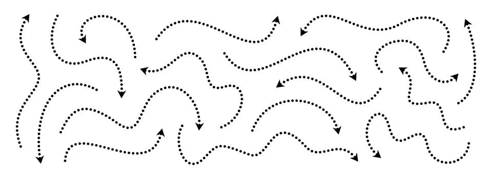 Black dotted thin arrows set. Wavy and curved dashed arrow collection. Doodle Stock Illustration